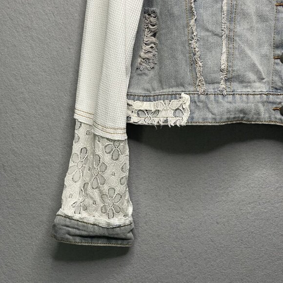 Pol Distressed Patchwork Denim Jacket With Lace & Waffle Knit Sleeves S - Picture 3 of 9